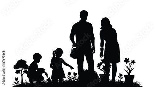 A silhouetted family gardening together in a peaceful outdoor scene