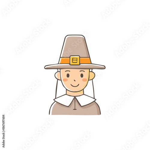 Pilgrim Girl Character Illustration Wearing Classic Pilgrim Hat and Collar