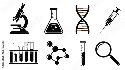 Scientific research equipment including microscopes beakers and dna structures
