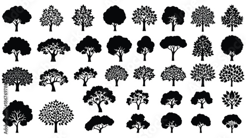 Collection of diverse tree silhouettes arranged in a grid pattern