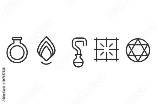 Alchemy Devices Icons. Line style icons of nostalgia distillation apparatus: tall glass condenser, swirling vapor lines,