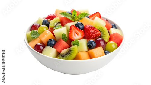 Fresh fruit salad in a white bowl with mint garnish isolated on transparent background