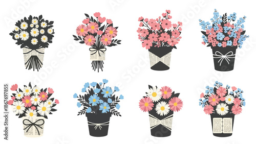 Arrangement of colorful bouquets in vintage style pots with ribbon ties