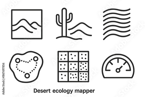 Desert Ecology Icons. Line style icons of desert ecology mappers: terrain elevation chart, cactus and dune symbols, environmental