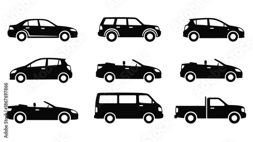 A collection of various vehicle silhouettes including cars vans and trucks