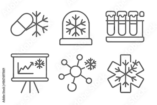 Icy Medical Icons. Line style icons of ice-bound medicine systems: cooling capsule icon, frozen preservation dome, cryogenic vial