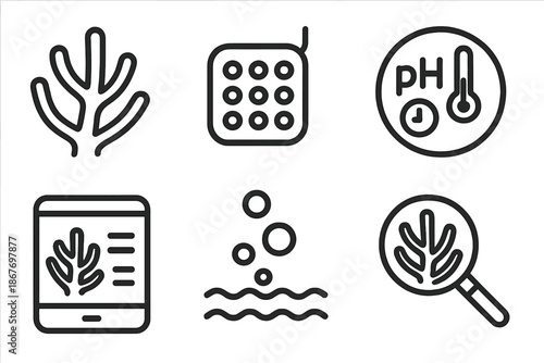 Coral Health Icons. Line style icons of coral health monitors: branching coral outline, sensor node grid, pH and temperature gauge