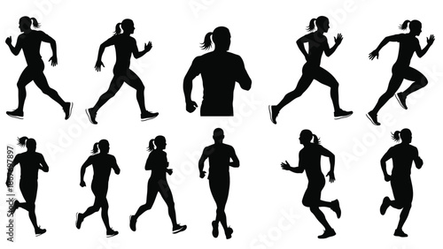 Silhouettes of runners in various poses depict athletic movement and energy