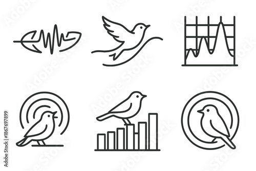 Bird Song Patterns. Line style icons of bird songs creating visual sound patterns: feathered soundwave, melodic flight path, chirp