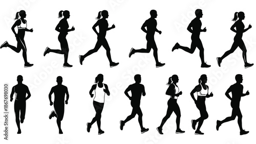 Silhouettes of diverse runners in various stages of a running stride