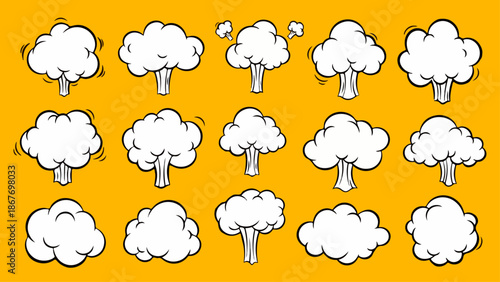 Comic Style Explosion Smoke Clouds Vector Set. Cartoon Dust Puff Effects, Boom Pop Art Elements, and Bomb Blast Illustrations on Orange Background.