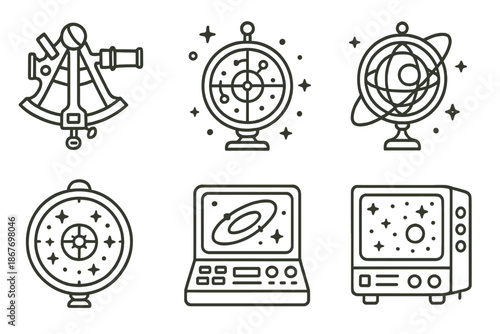 Astronavigation Instruments Icons. Line style icons of astronavigation instruments: stellar sextant, interplanetary coordinate