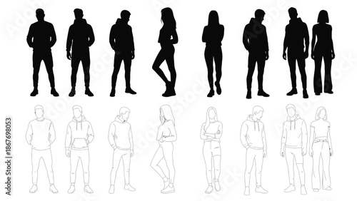 Silhouettes and line drawings of diverse people standing in various poses