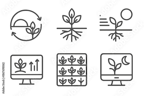 Twilight Botany Systems. Line style icons of twilight botany systems: dusk energy flow diagram, shadowed root map, low-light
