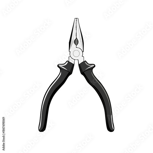 Illustration of pliers with black handles for gripping and cutting, tool for craft work, detailed digital drawing, vector isolated