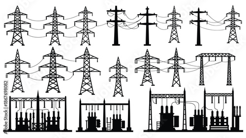 Variety of electrical power transmission towers and substations illustration