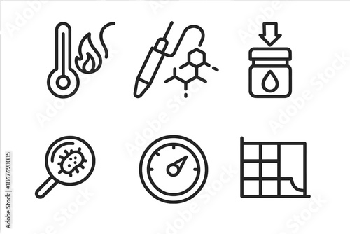 Extremophile Monitoring Icons. Line style icons of extremophile monitoring tools: temperature-tolerant sensor, chemical resistance
