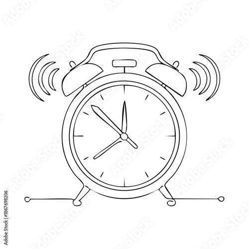 Ringing Alarm Clock Hand Drawn Illustration in Line Art Style - Deadline, Morning Reminder, Wake Up Concept