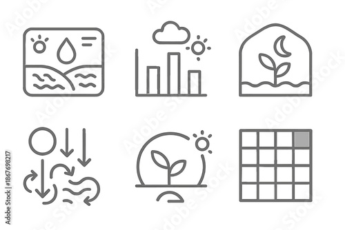Darkness Cultivation Icons. Line style icons of darkness cultivation systems: low-light irrigation interface, shaded soil chart,
