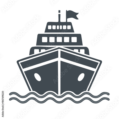 Ship vector icon on the sea with waving water. Steamer, boat graphic illustration, passenger cruiser