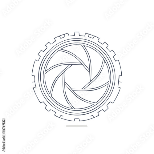 Aperture blades of camera lens in thin line art style inside cogwheel forming innovative, photographic technology, design concept or idea.