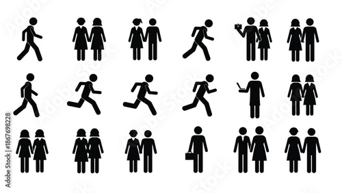 Simple black silhouettes depicting various human figures and group interactions