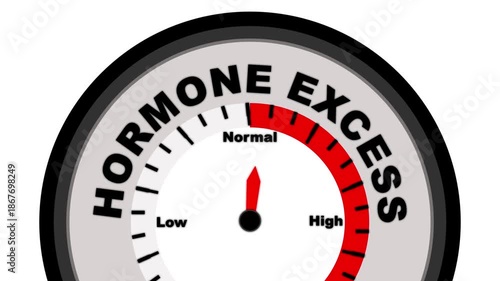 Hormone Excess text or word shown with a barometer or tachometer-style gauge, representing varying levels of hormonal imbalance and its impact on overall health, metabolism, and organ function