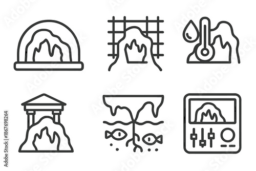Cave Preservation Icons. Line style icons of cavern preservation equipment: protective dome overlay, cave access monitoring grid,