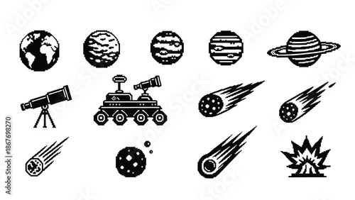 Black and white icons depicting planets space exploration and celestial events