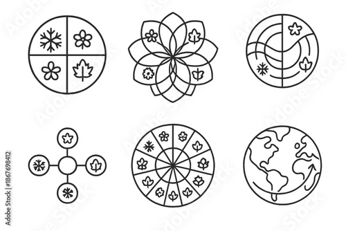 Seasonal Time Weavers. Line style icons of seasonal time weavers: interlaced seasonal bloom diagram, layered cycle flower grid,