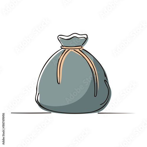 Mysterious bag filled grey color on white background. Sack with string, cartoon design. Abstract moneybag silhouette with drawn black outline. Hand drawing