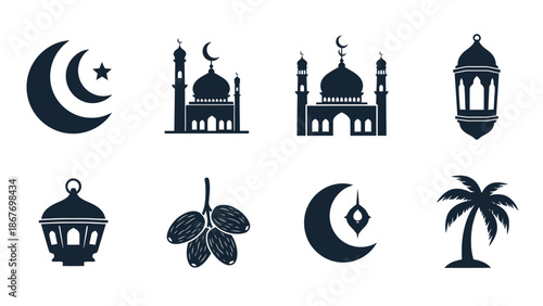 Islamic symbols and decorative elements including a crescent moon and mosque