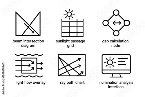Light-Gap Algorithm Icons. Line style icons of light-gap algorithms: beam intersection diagram, sunlight passage grid, gap