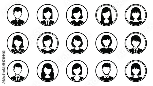Collection of simple black and white circular profile icons featuring different hairstyles