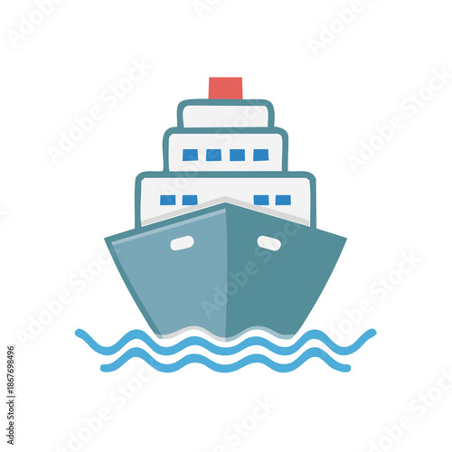 Blue and White Cruise Ship on Blue Waves Flat Vector Illustration