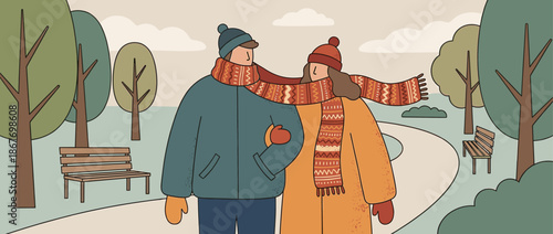 Loving couple in warm winter clothes strolls arm in arm along a path in a tranquil park, sharing a long patterned scarf in a cozy, romantic cartoon illustration