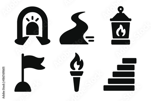 Glowing Arch Progress Markers. Solid style icons of lit archway progress markers: glowing arch, pathway, lantern, milestone flag,