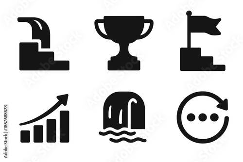 Waterfall Achievement Icons. Solid style icons of waterfall achievement markers: cascading steps, trophy, milestone flag, rising