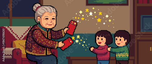 Pixel art illustration of a smiling grandmother giving two magical red envelopes with golden sparkles to her happy grandchildren during a warm family holiday celebration