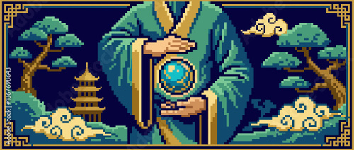 Pixel art illustration of a wise sage in a green robe holding a glowing blue magical orb in a serene, mystical landscape with a pagoda and stylized trees at night