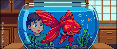 Large red goldfish with flowing fins swims inside a glass fishbowl as a curious young boy watches with an expression of wonder in a pixel art style