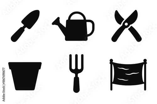 Shade Cultivation Tools. Solid style icons of shade cultivation tools: trowel, watering can, pruning shears, plant pot, garden