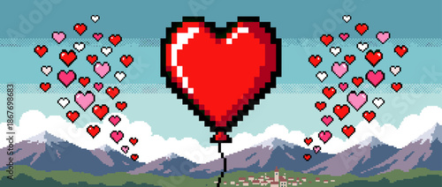 Large red pixel art heart balloon floats romantically in the sky, surrounded by smaller hearts above a charming mountain village landscape in a retro 8-bit video game style