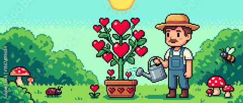 Kind pixel art farmer in overalls waters a potted tree growing red hearts in a sunny garden, a charming retro video game scene symbolizing nurturing, love, and growth