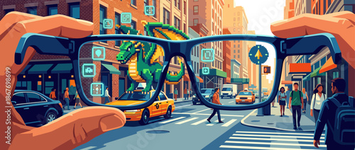 Augmented reality smart glasses held by hands show a pixelated dragon and digital icons overlaid on a busy city street scene in a vibrant illustrative style