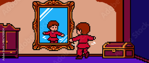 Pixel art character in red clothes looks at their reflection in a large ornate golden mirror, creating a nostalgic 8-bit video game scene with vintage furniture