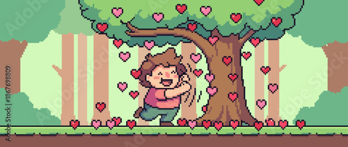 Cheerful pixelated character dances with glee under a magical tree where heart-shaped leaves are falling down in a cute retro video game illustration