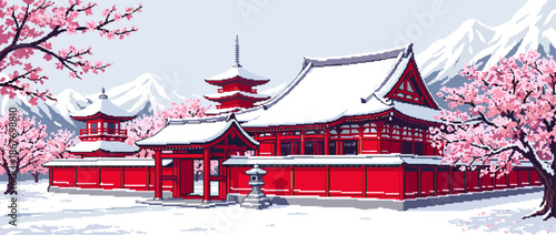 Traditional red Asian shrine with snow-covered roofs and a pagoda is depicted in a beautiful pixel art style, surrounded by pink cherry blossoms and snowy mountains