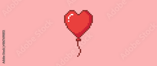 Red heart-shaped pixel art balloon with a small highlight and string floats in a charming 8-bit retro video game style illustration, evoking feelings of love and nostalgia