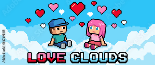 Pixel art illustration of a romantic couple sitting on fluffy white clouds surrounded by floating hearts in a charming retro 8-bit video game style with colorful lettering